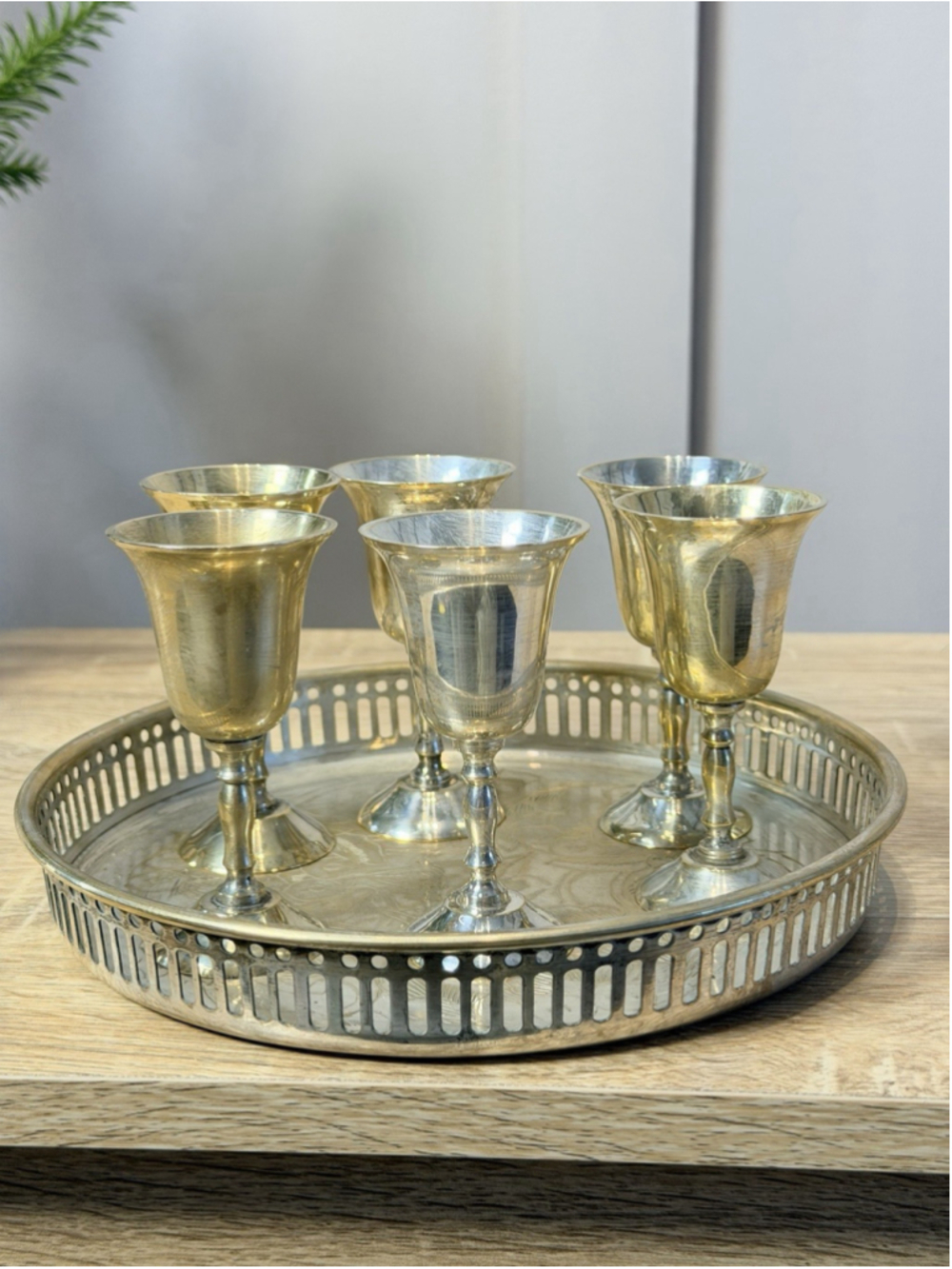 SILVER PLATE CORDIAL 6 PC SET APERITIF SHERRY SHOT GLASSES/ TRAY BY AMC INDIA